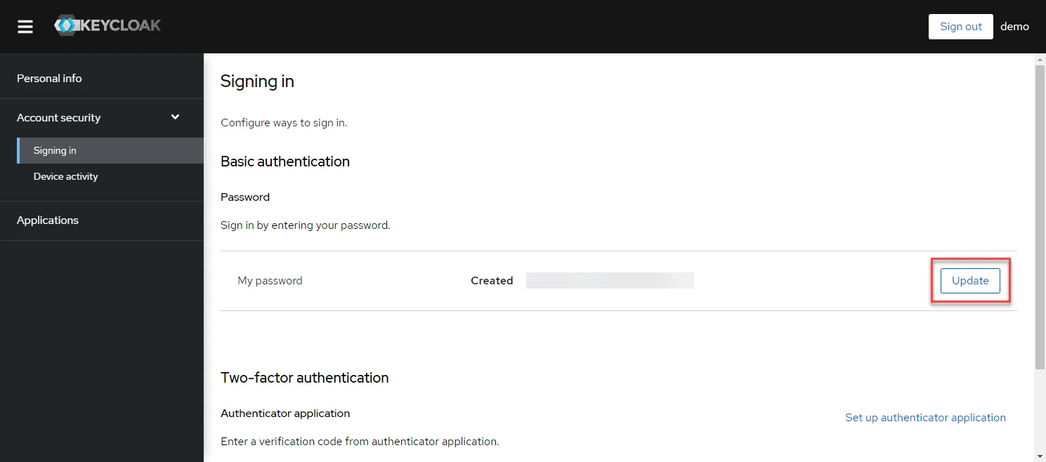 Update password button