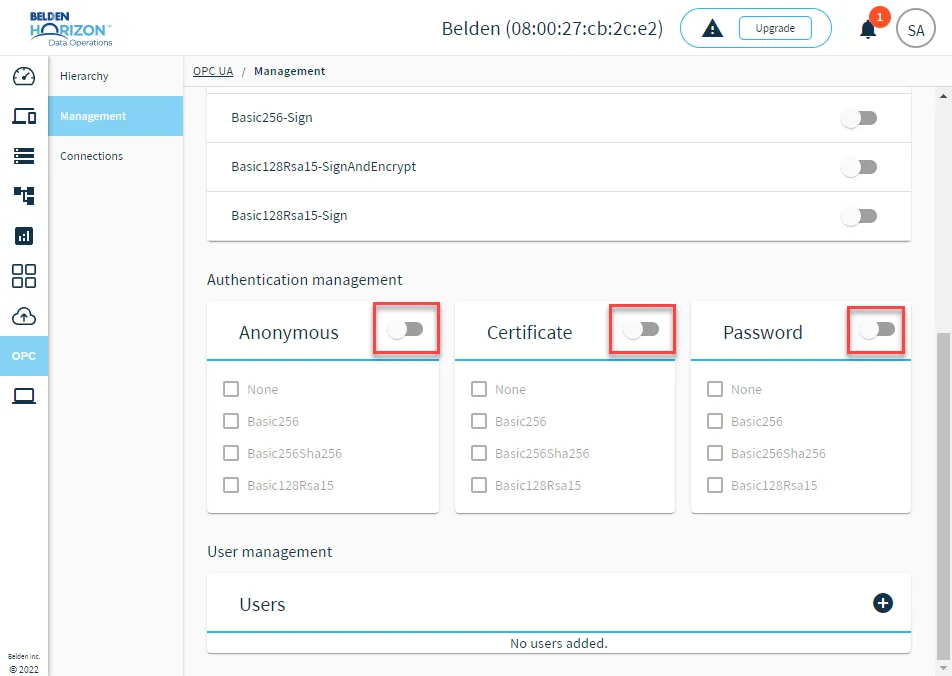 The Authentication management section