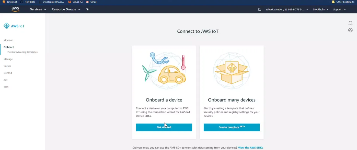 Connect to AWS IoT pane Connect to AWS IoT pane