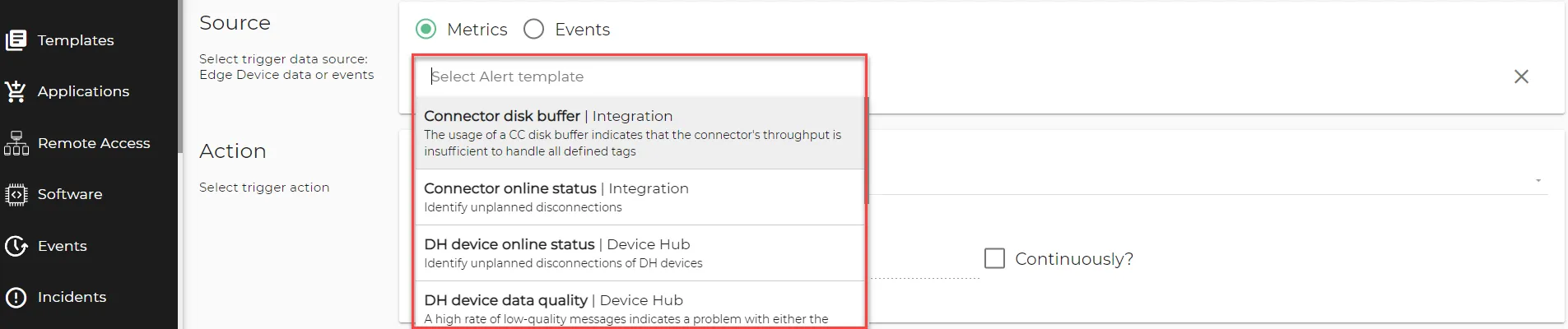 New Trigger : Source section : Metrics Source