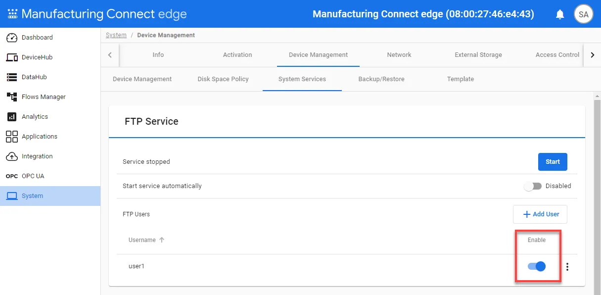 The Enable toggle for FTP Users