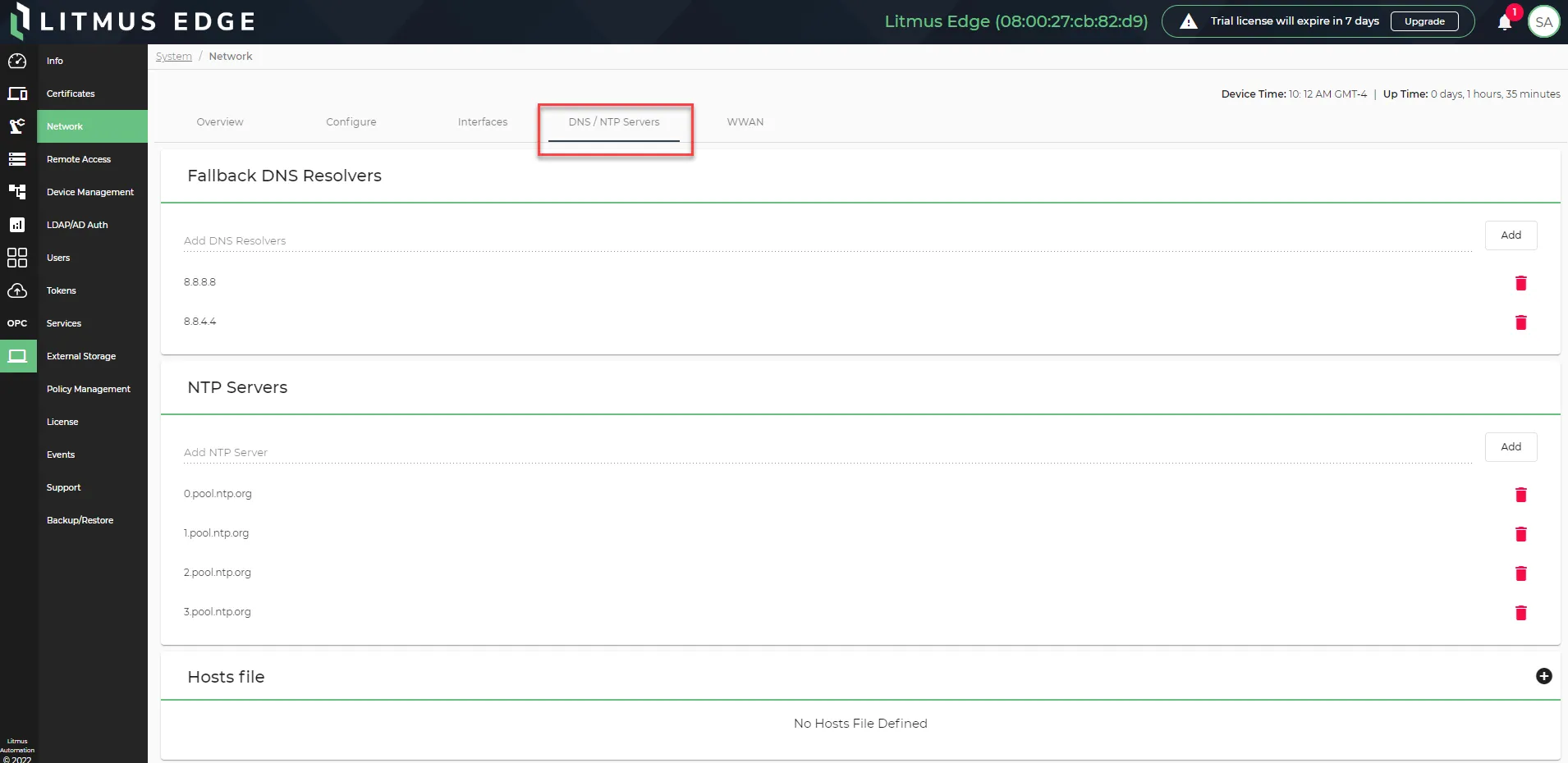 The DNS / NTP Servers tab The DNS / NTP Servers tab