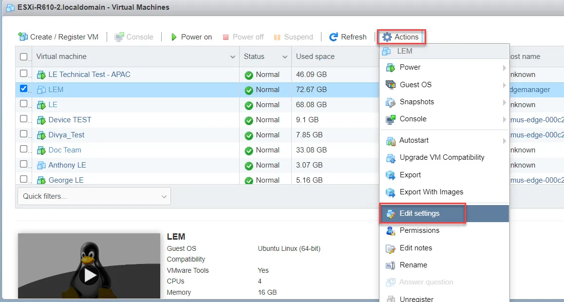 Actions > Edit Settings option