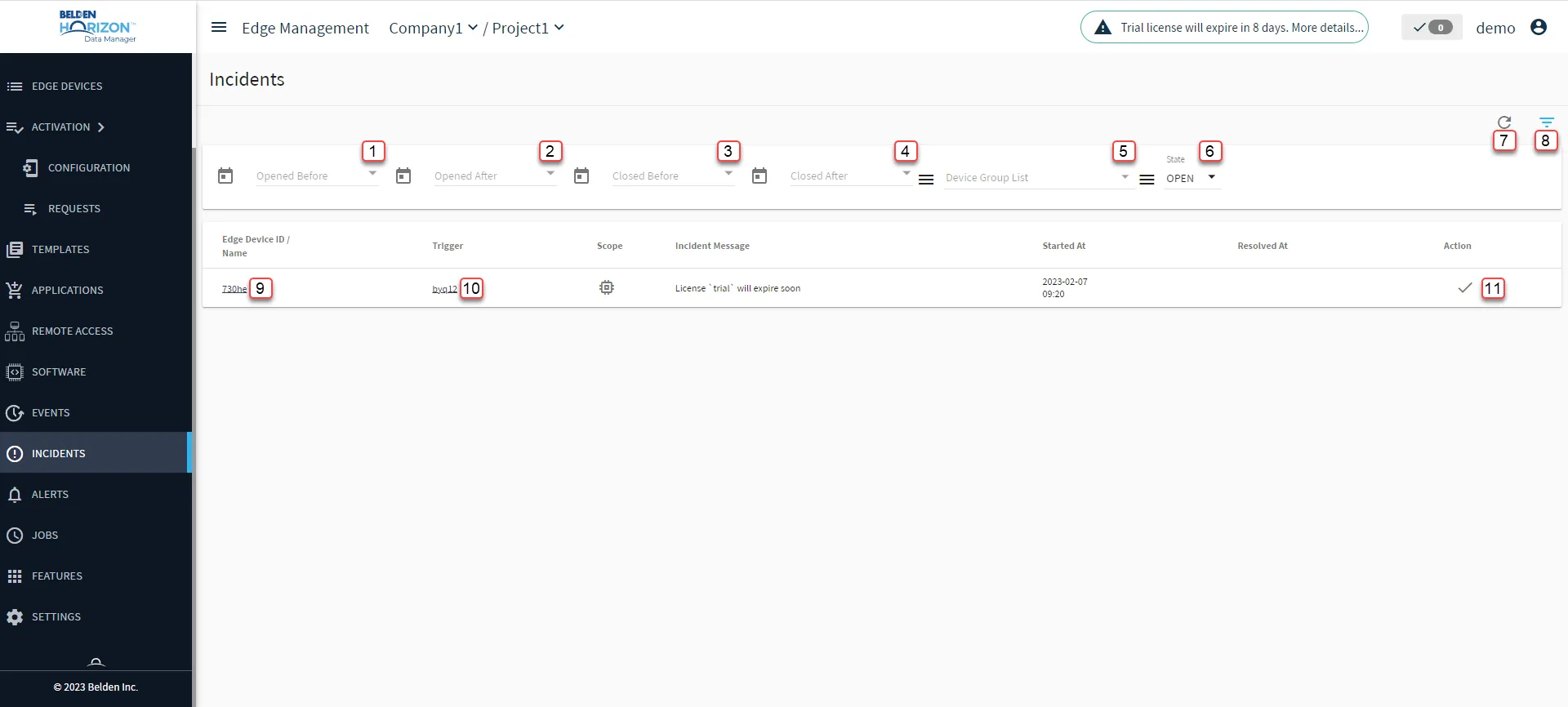 Belden Horizon Data Manager User UI : Incidents