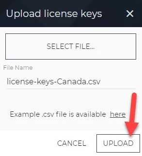 Upload license keys dialog box Upload license keys dialog box