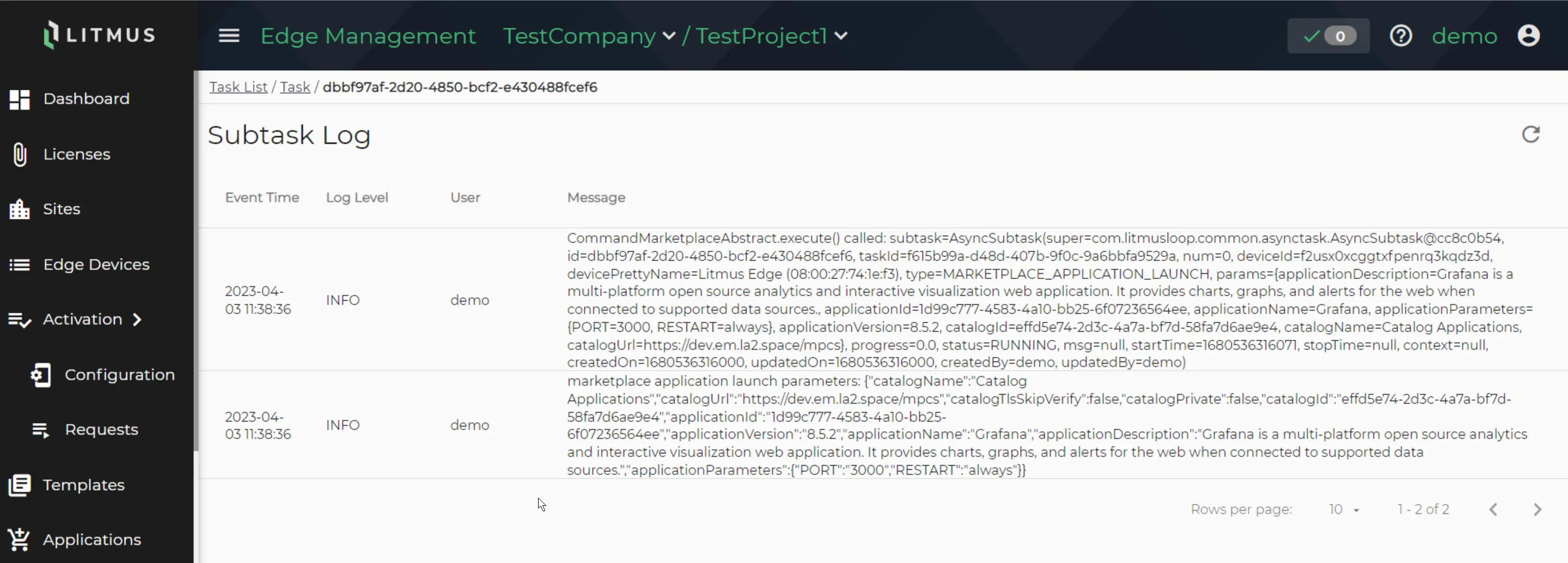 Litmus Edge Manager Subtask Log