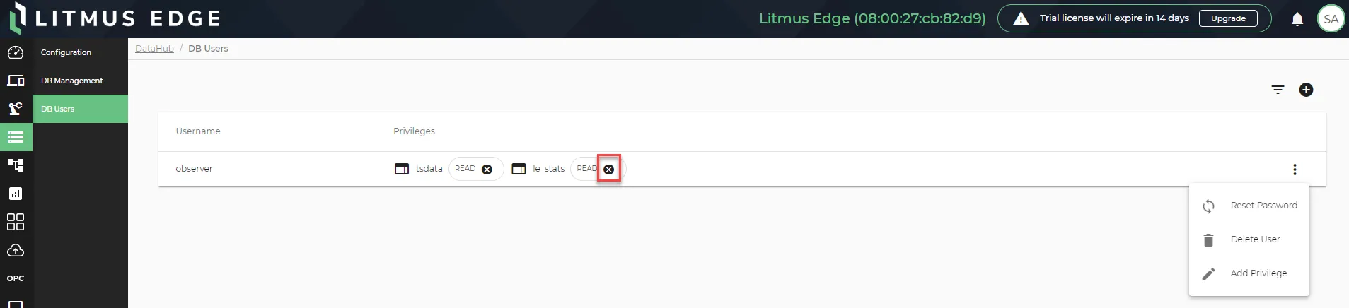 The remove privilege icon