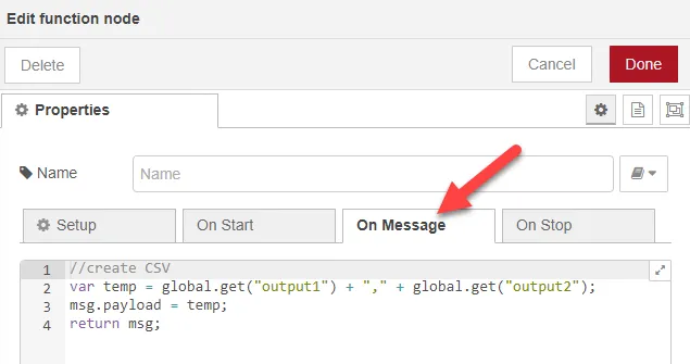 Edit function node dialog box Edit function node dialog box