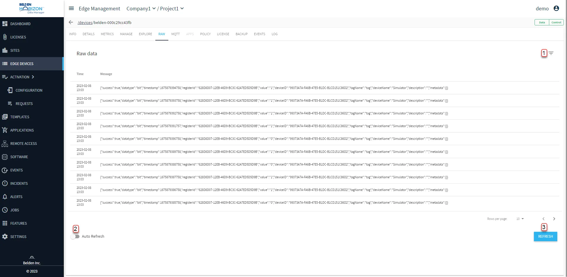 Belden Horizon Data Manager User UI : Edge Device Details : Raw tab