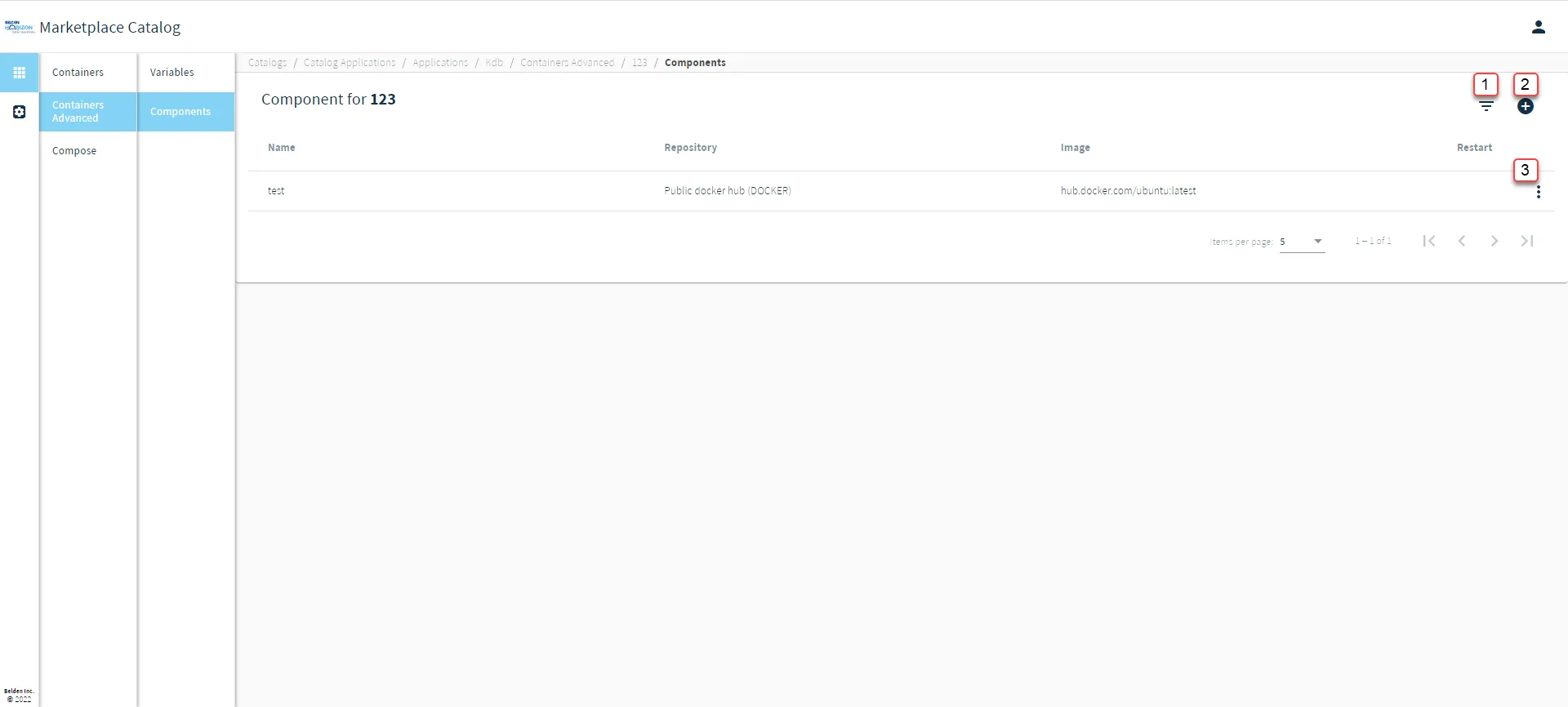 Belden Horizon Data Manager User UI : Marketplace Catalog : Catalog Applications : Containers Advanced : Components 