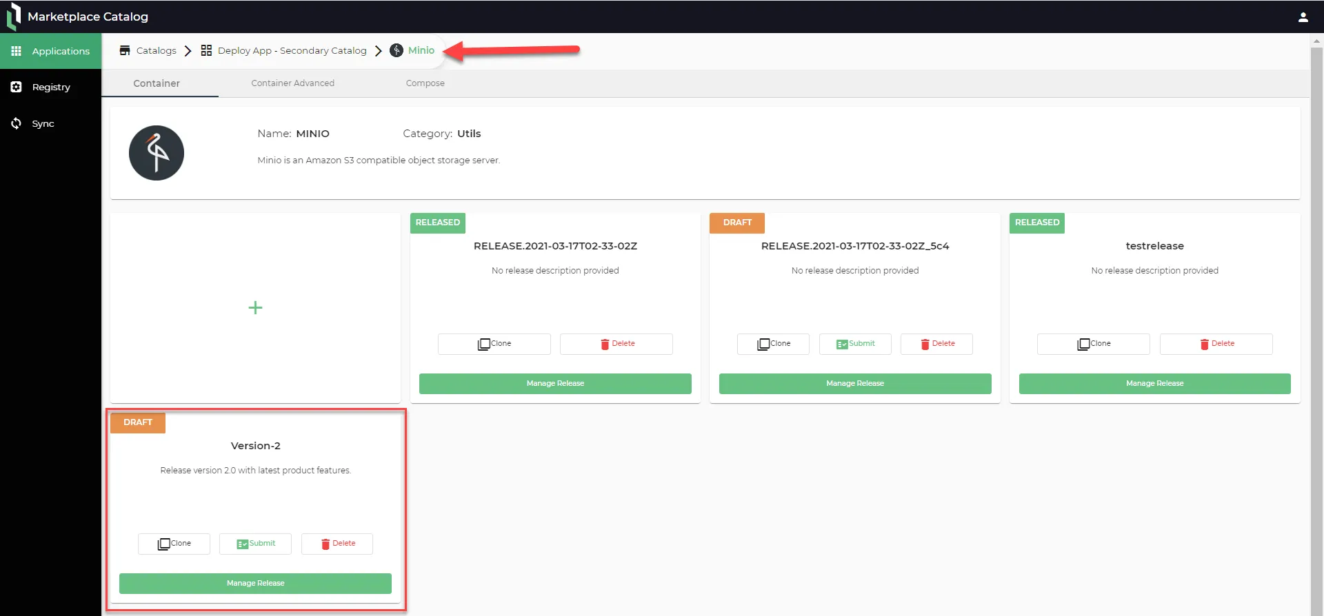 Secondary marketplace catalog: Applications pane