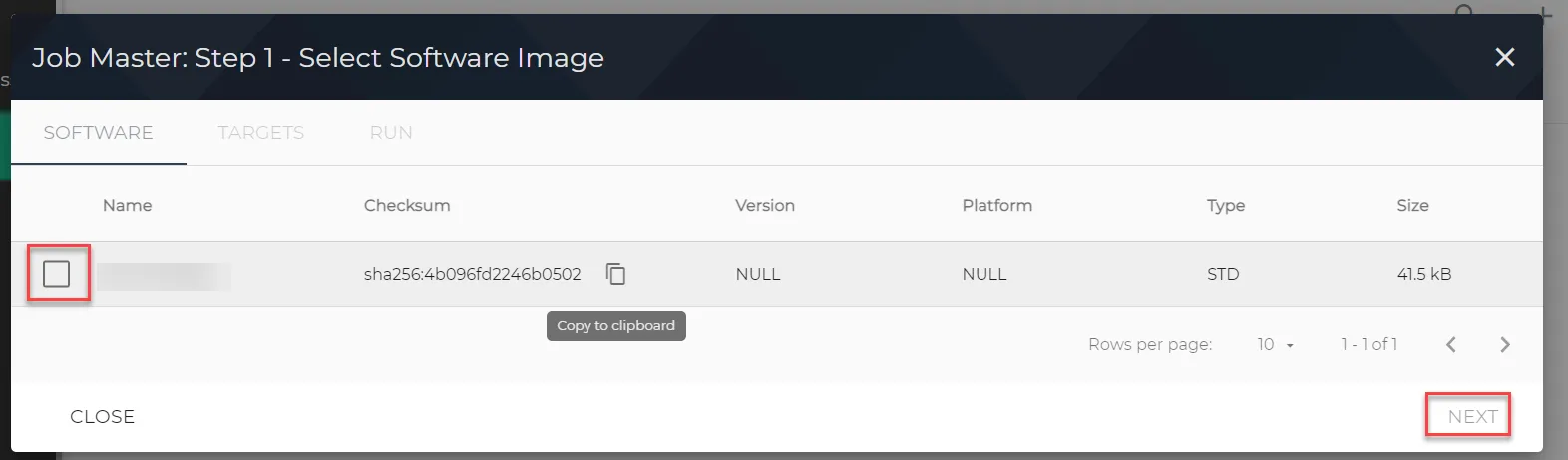 Software Update Job UI Step 1: Select Software