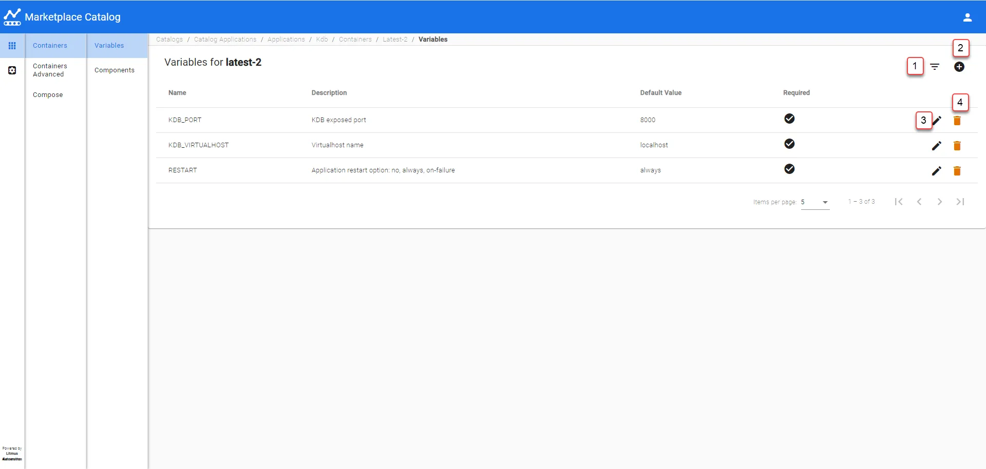 Manufacturing Connect User UI : General Settings : Features : Marketplace Catalog : Catalog Applications : Containers/Containers Advanced/Compose : Variables
