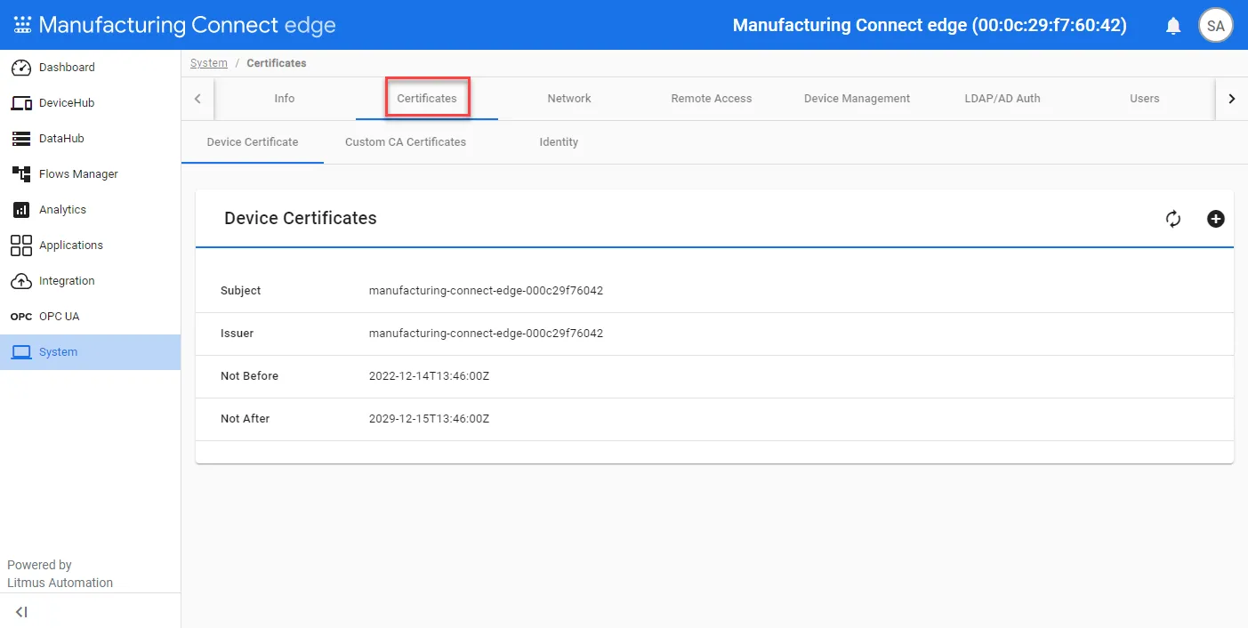 System Certificates pane System Certificates pane