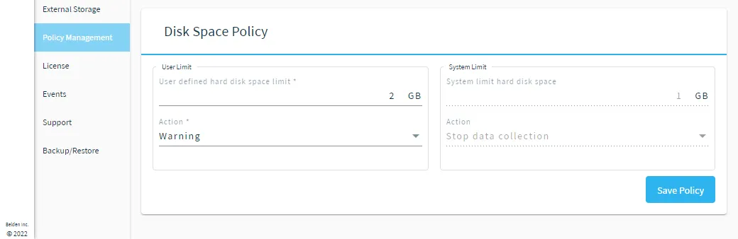 The Disk Space Policy section The Disk Space Policy section