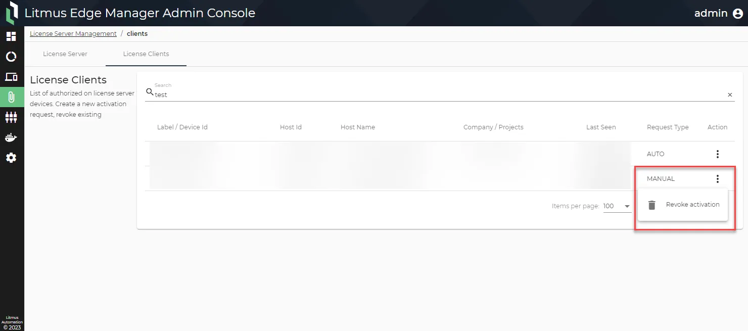 Action menu for an activation request for a license server device