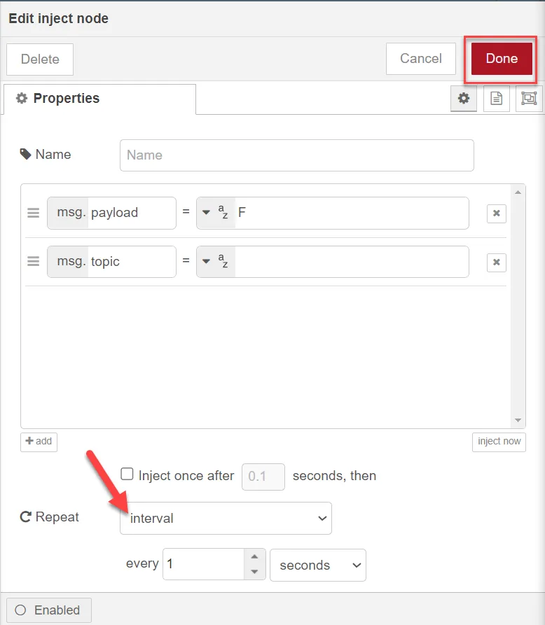 Edit inject node dialog box
