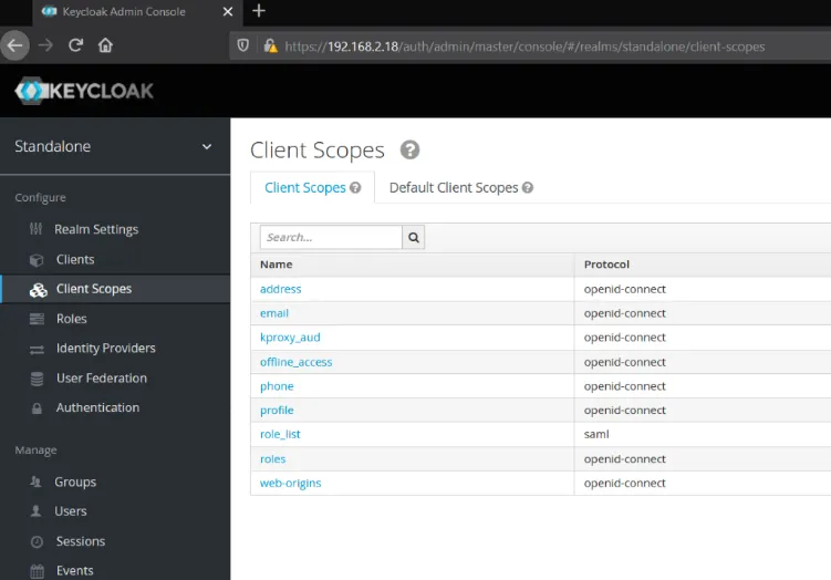 Keycloak interface Clients Scopes pane