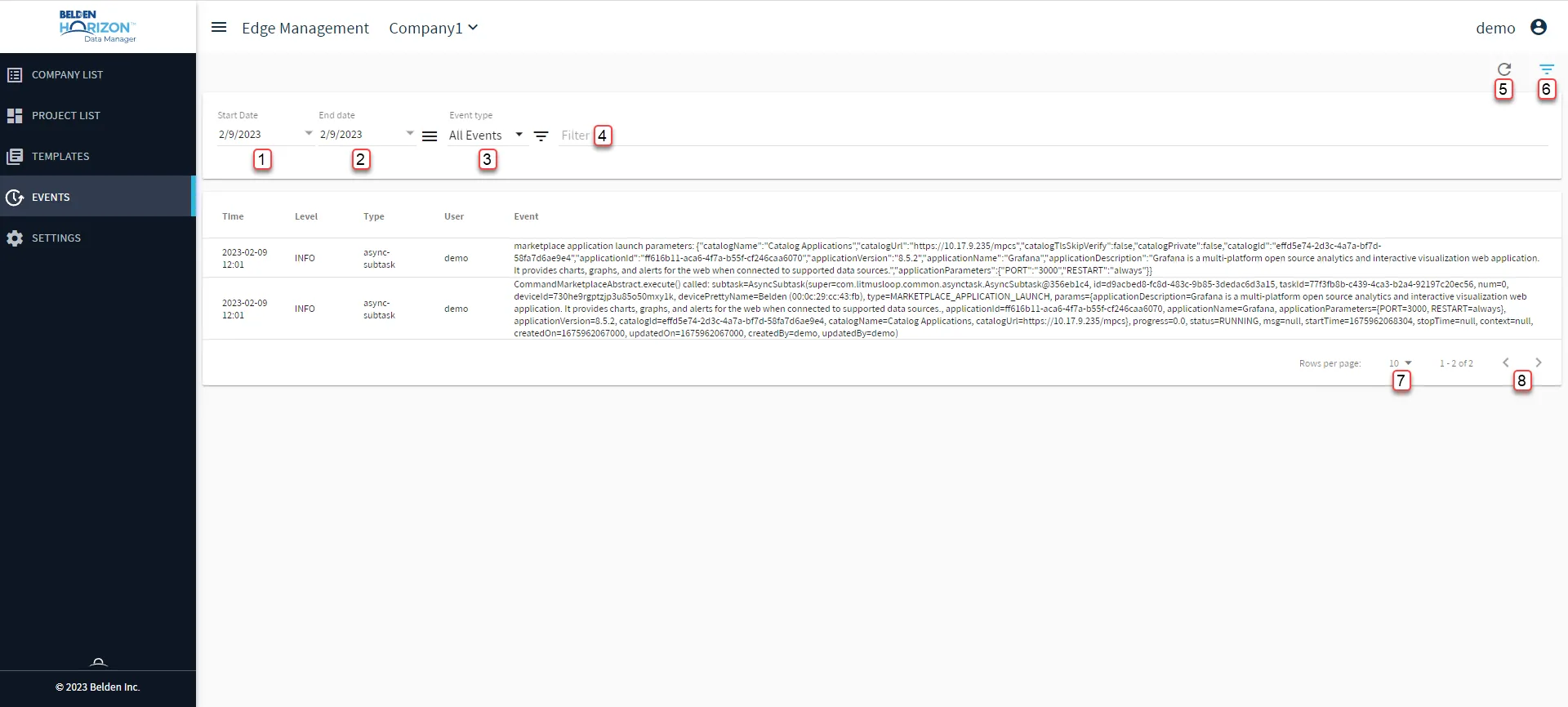 Belden Horizon Data Manager User UI : Events [Company View]