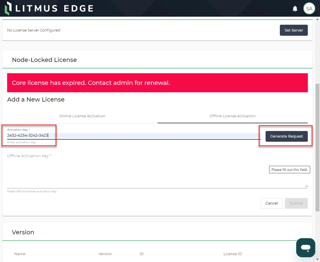 The Activation Key and Offline Activation Request fields
