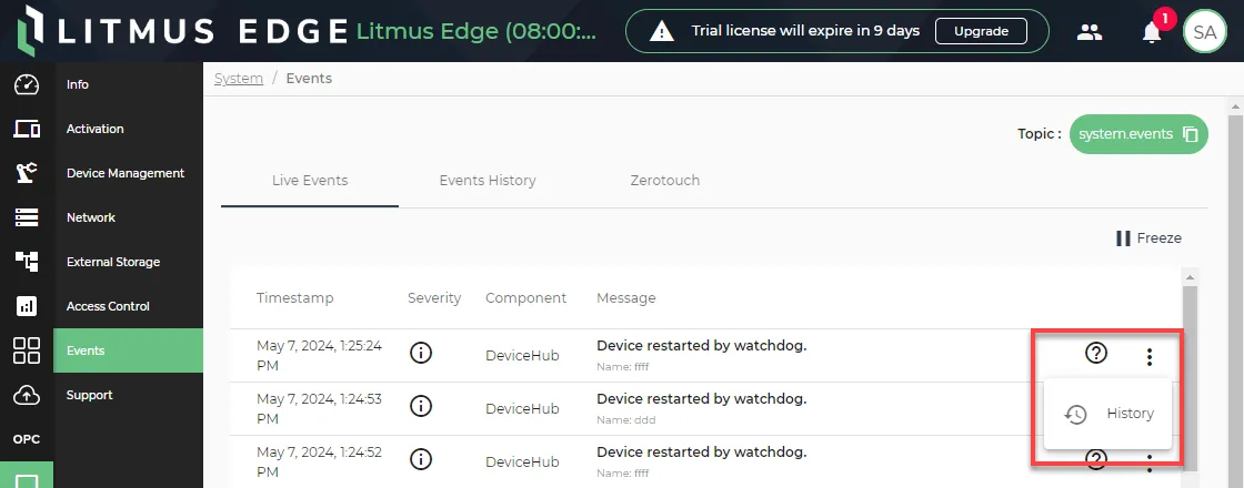 The History option for live events