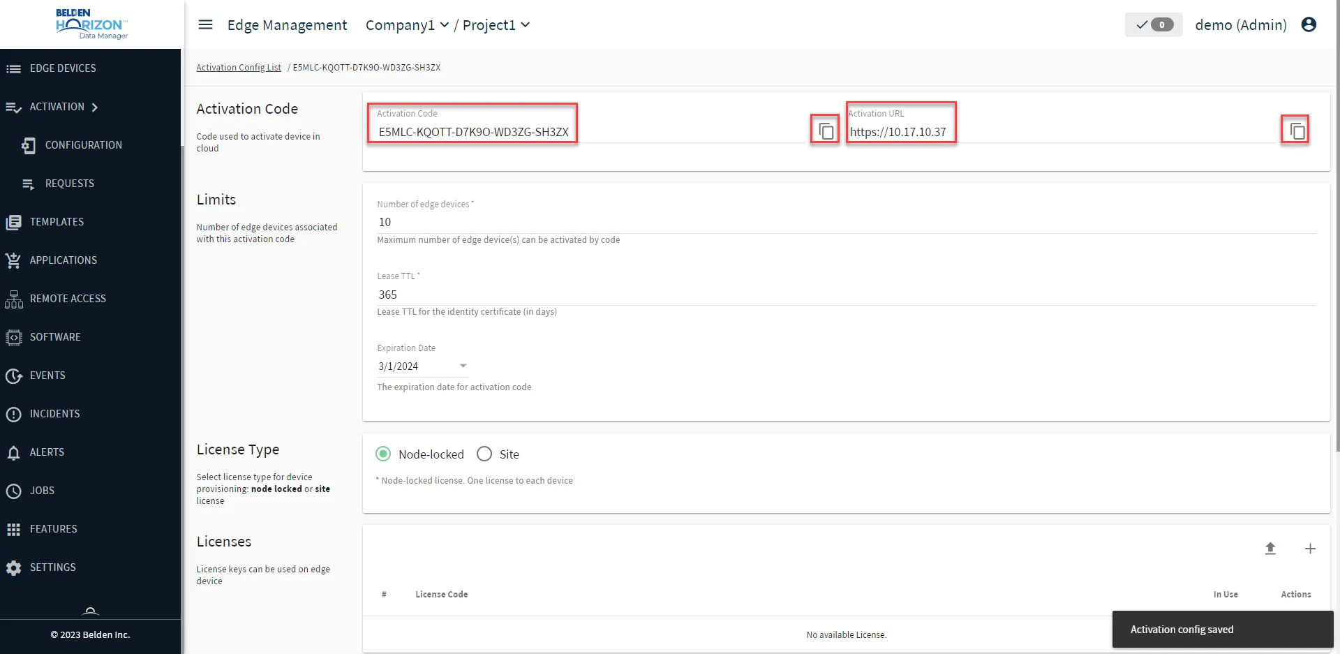 Belden Horizon Data Manager User UI : Activation > Configuration : Activation Config 6/6 Retrieve activation code/URL