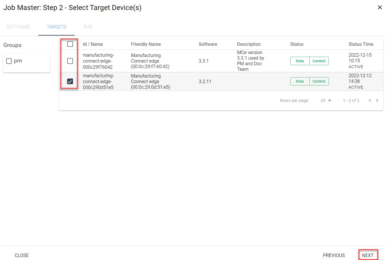Software Update Job UI : Step 3 Select Target Device(s)