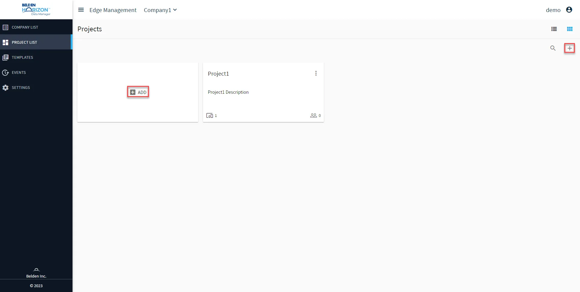 Belden Horizon Data Manager User UI: Project List: Add a New Project