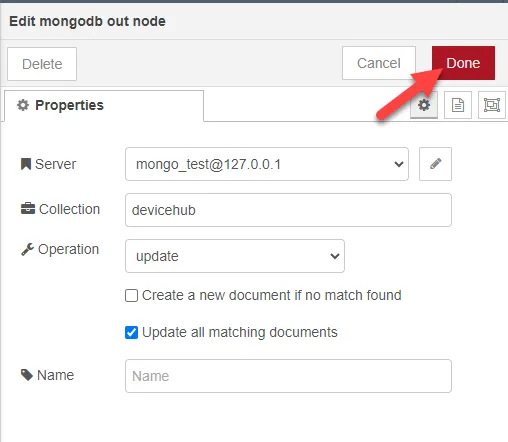 Edit mongodb out node dialog box Edit mongodb out node dialog box