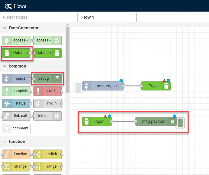 The DataHub subscribe and Debug nodes The DataHub subscribe and Debug nodes