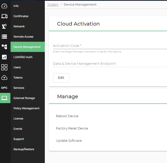 The System Device Management pane