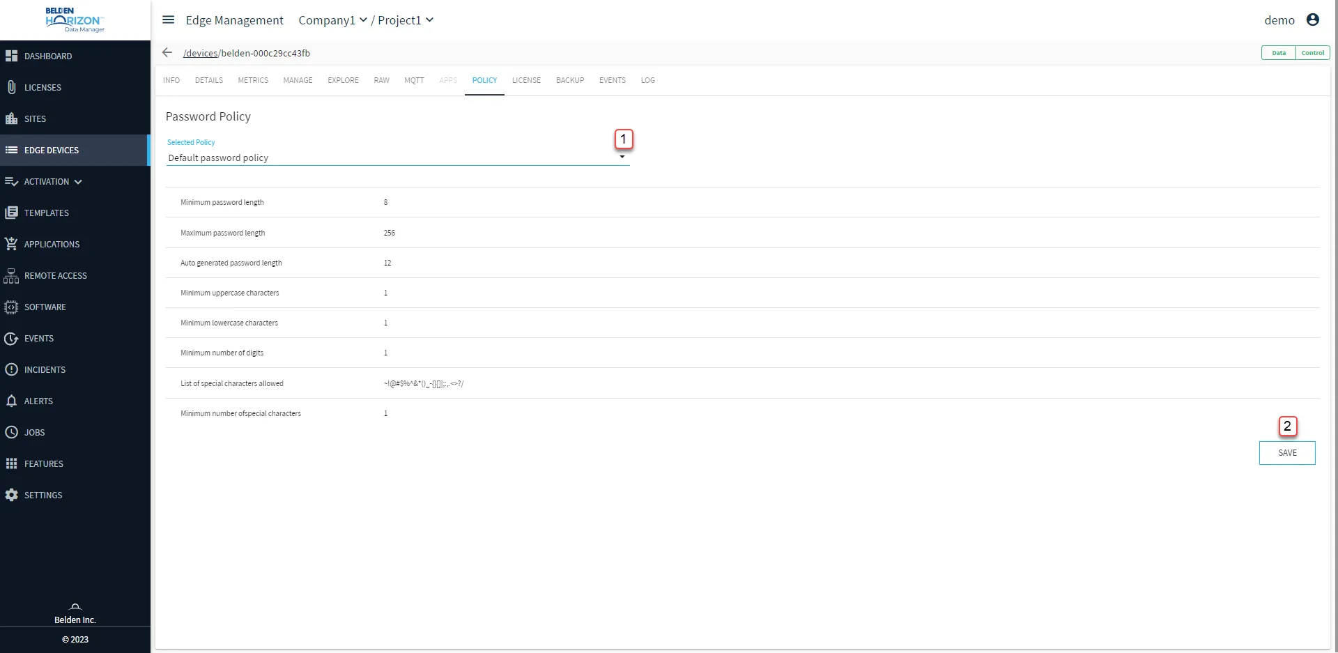 Belden Horizon Data Manager User UI : Edge Device Details : Policy tab Belden Horizon Data Manager User UI : Edge Device Details : Policy tab