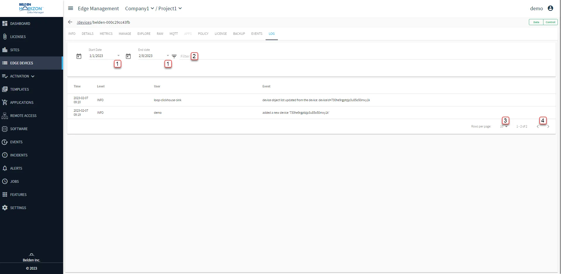 Belden Horizon Data Manager User UI : Edge Device Details : Log tab Belden Horizon Data Manager User UI : Edge Device Details : Log tab