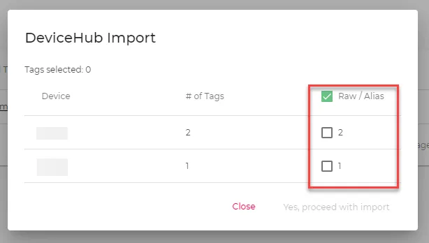 DeviceHub Import dialog box