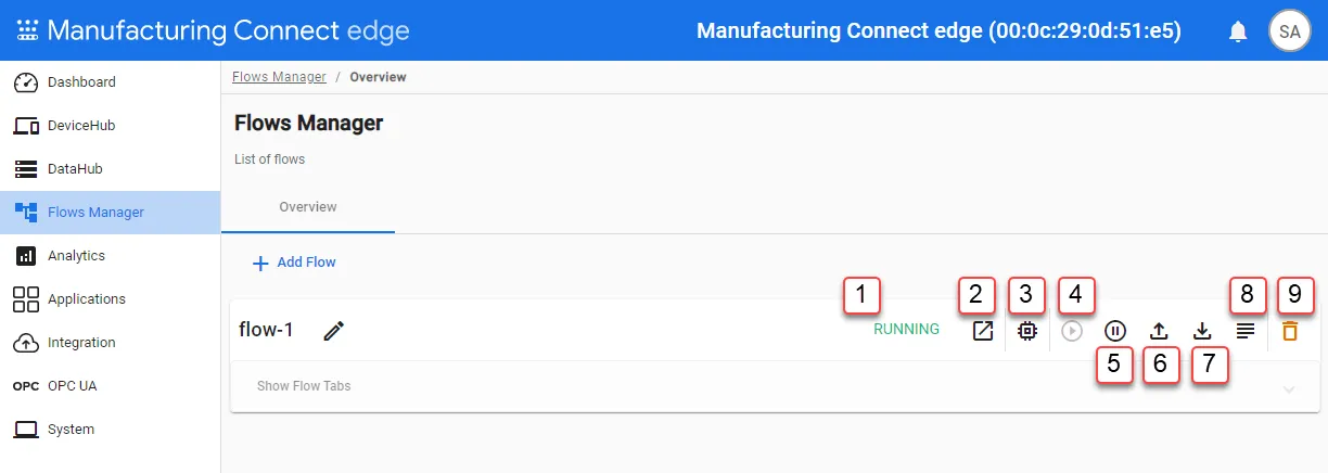 Management options for the Flows manager