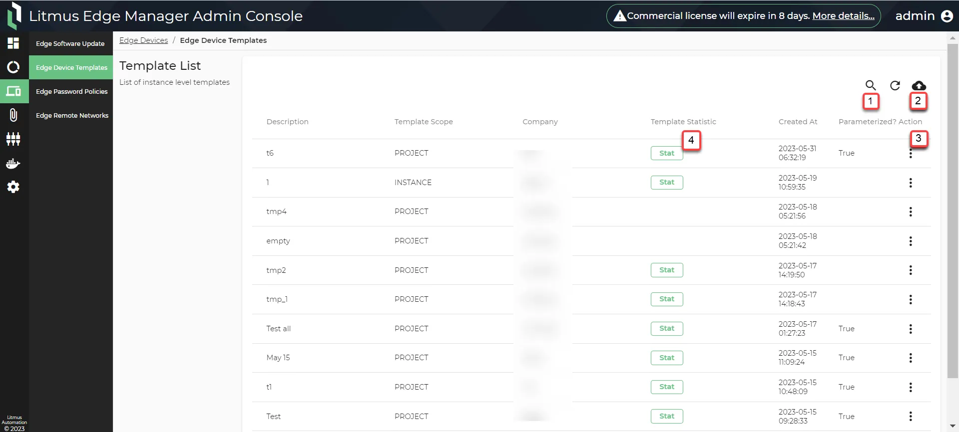 Litmus Edge Manager Admin Console: Edge Template List