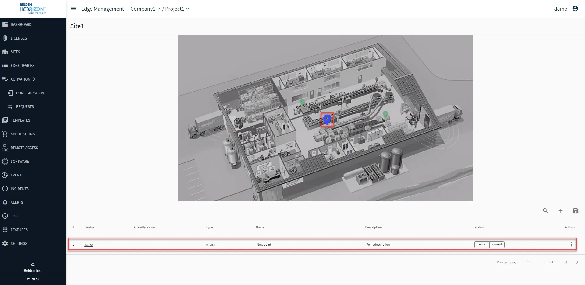 Belden Horizon Data Manager User UI : Site : Show Site Points : Blue Map Point