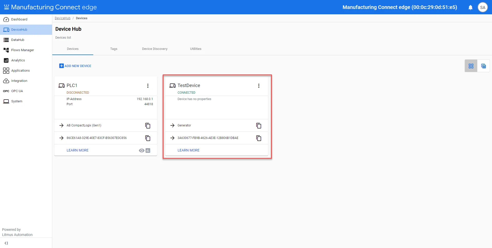 Manufacturing Connect Edge : DeviceHub > Devices : Newly connected device