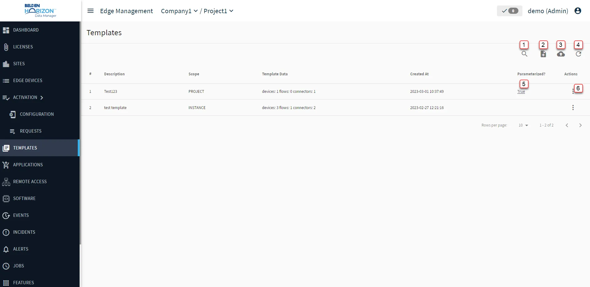 Belden Horizon Data Manager User UI : Templates [Project View]