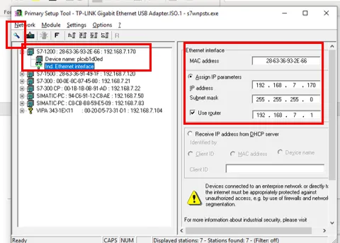 Network parameters section