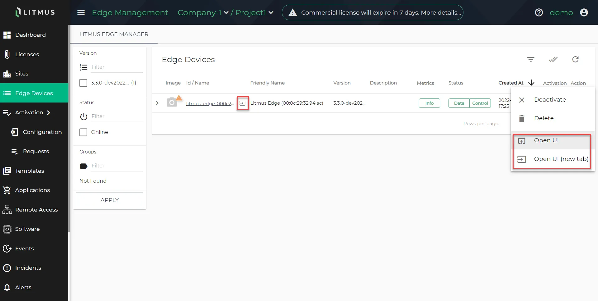 Open Litmus Edge UI icon