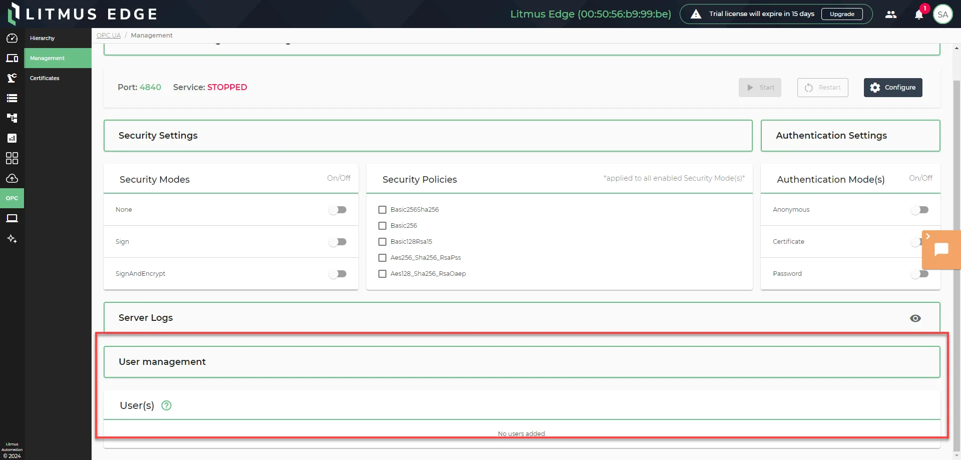 User management section User management section