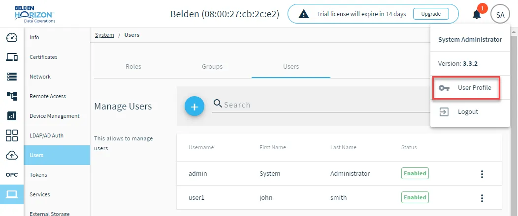 User Profile option User Profile option
