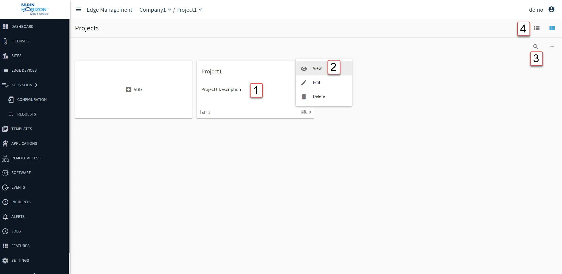 Belden Horizon Data Manager User UI: Project List