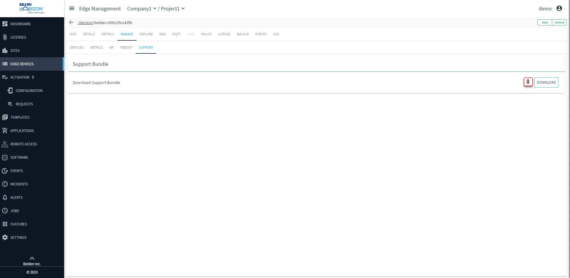 Belden Horizon Data Manager User UI : Edge Device Details : Manage tab : Support sub-tab