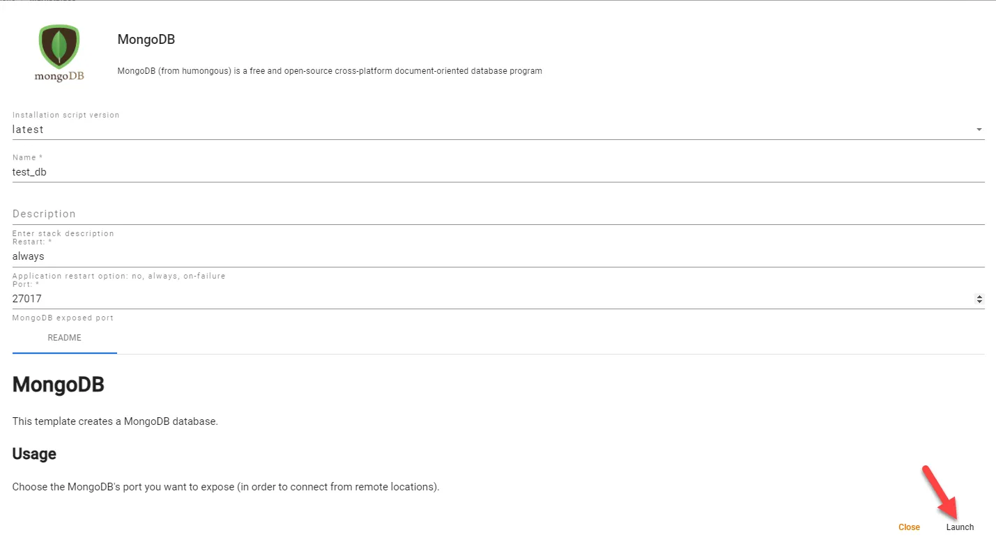 MongoDB configuration dialog box MongoDB configuration dialog box