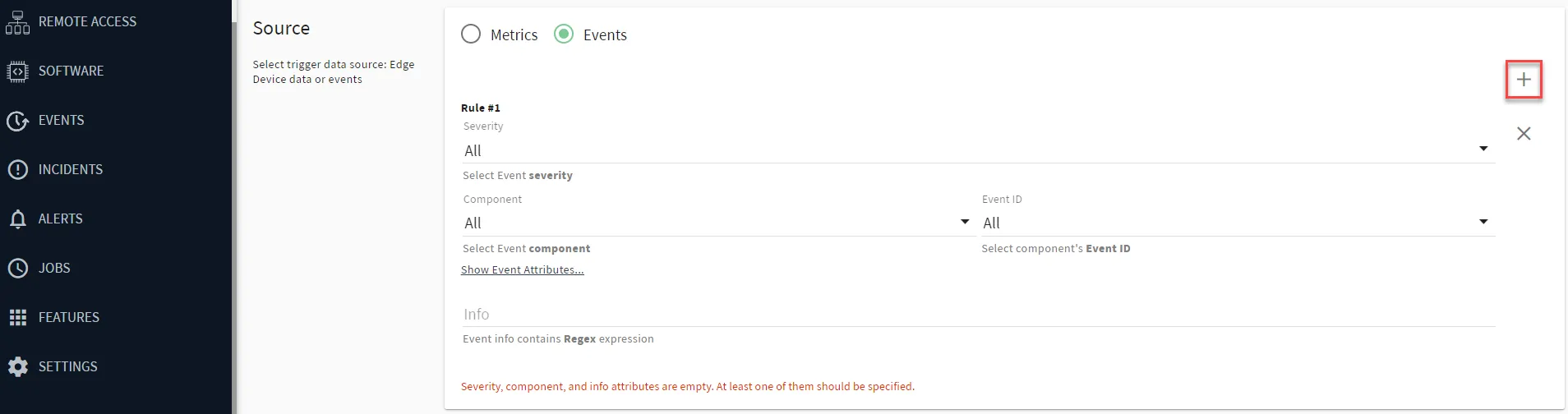Belden Horizon Data Manager User UI : Alerts : New Trigger : Source section : Events Source