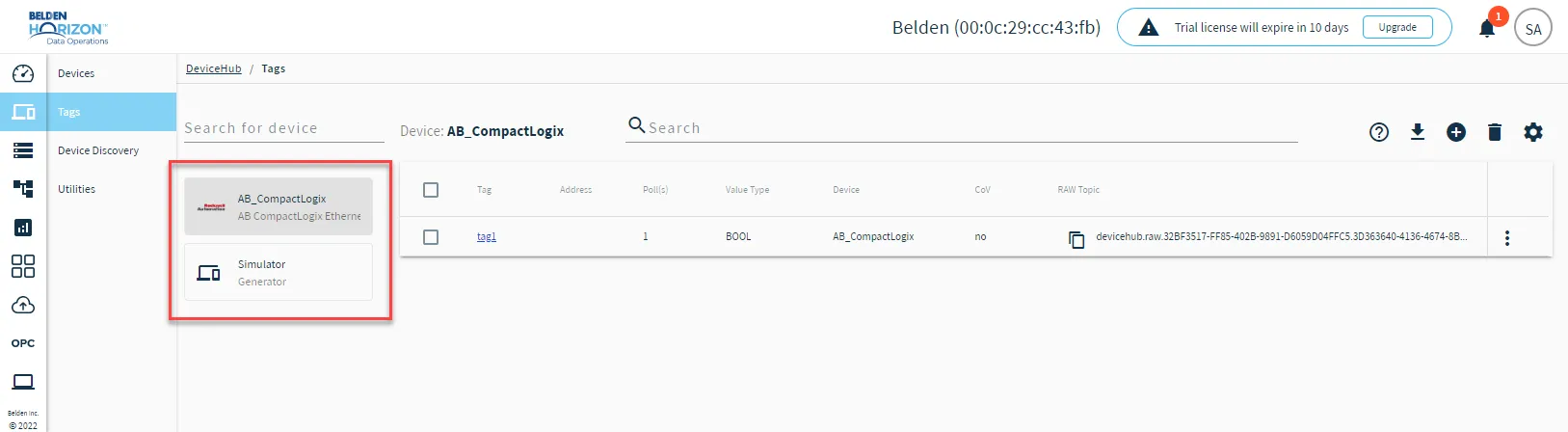List of devices from the Tags pane