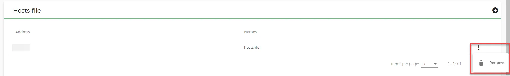 The Remove option for a host file The Remove option for a host file