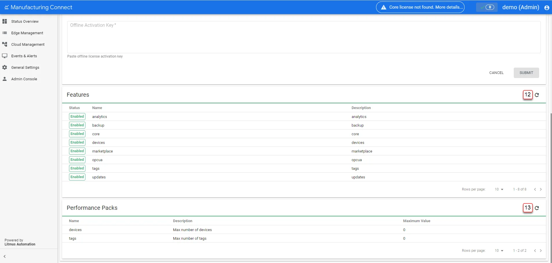 Manufacturing Connect User UI : Edge Device Details : Licenses tab : Node-locked features 3/3 : Features and Performance Packs